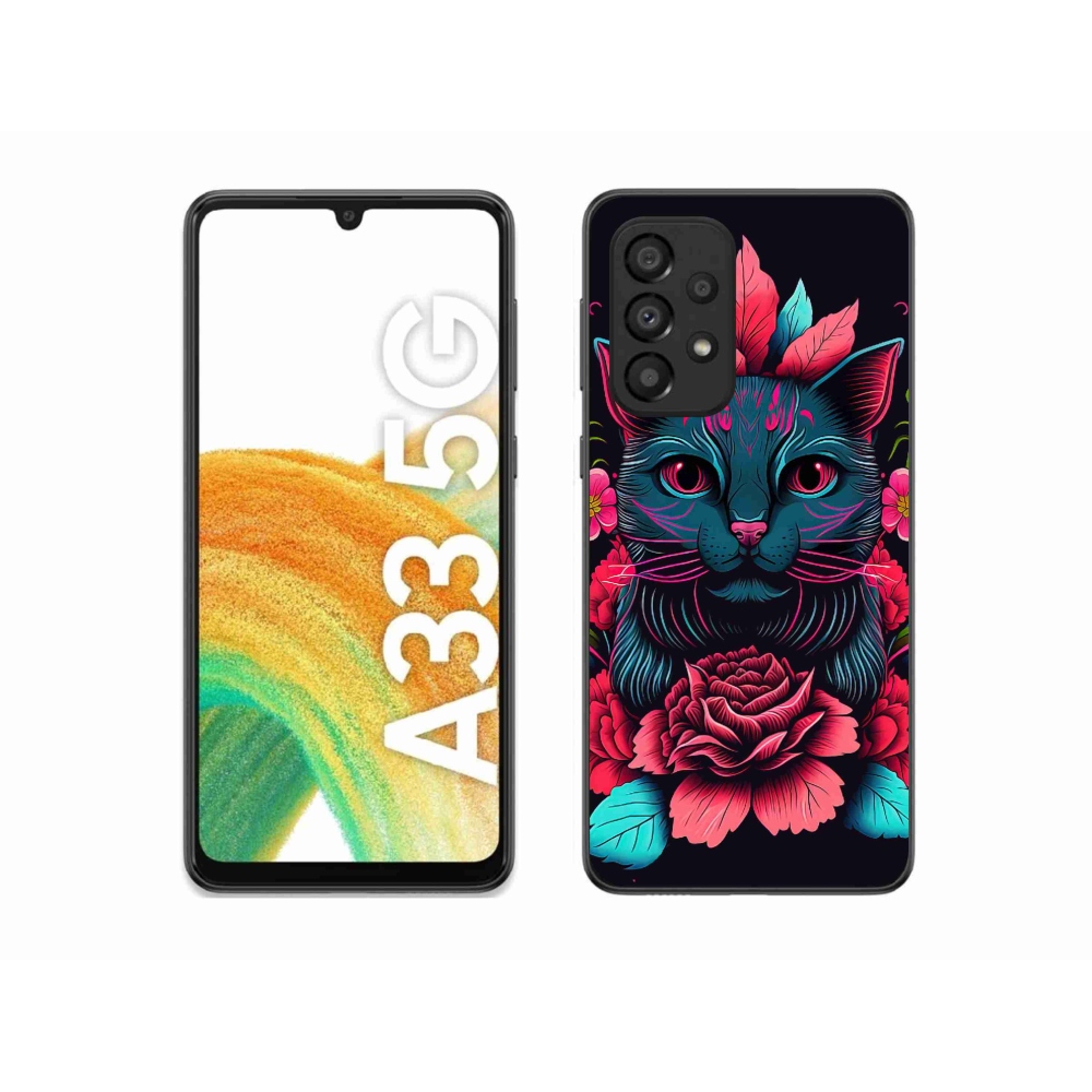 Gelový kryt mmCase na Samsung Galaxy A33 5G - květiny a kočka
