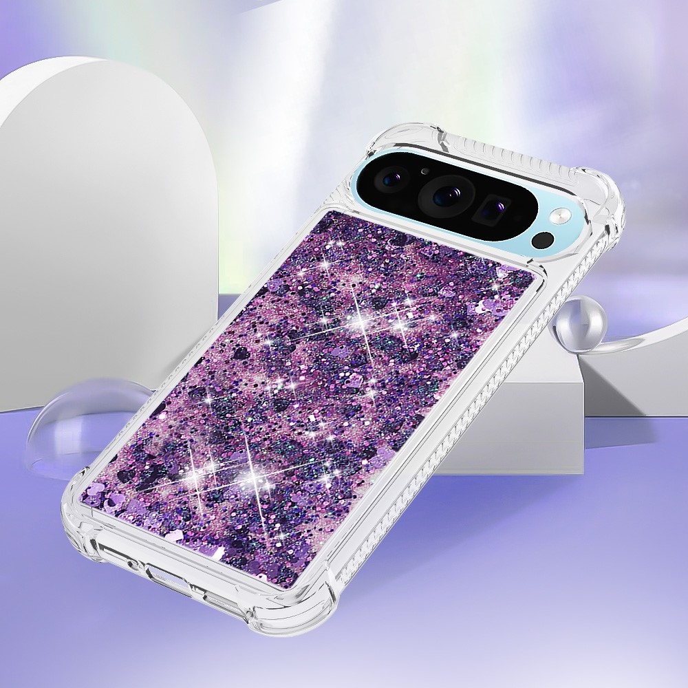 Glitter přesýpací gelový obal na Google Pixel 10 Pro/Pixel 10 - tmavěfialový/srdíčka