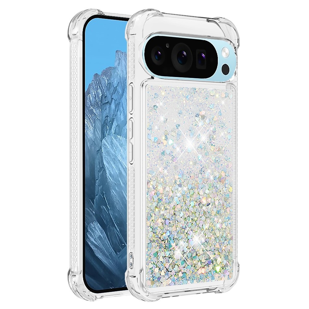 Glitter přesýpací gelový obal na Google Pixel 10 Pro/Pixel 10 - stříbrný/srdíčka