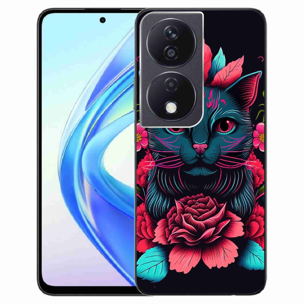 Gelový kryt mmCase na Honor X7b/Honor 90 Smart - květiny a kočka