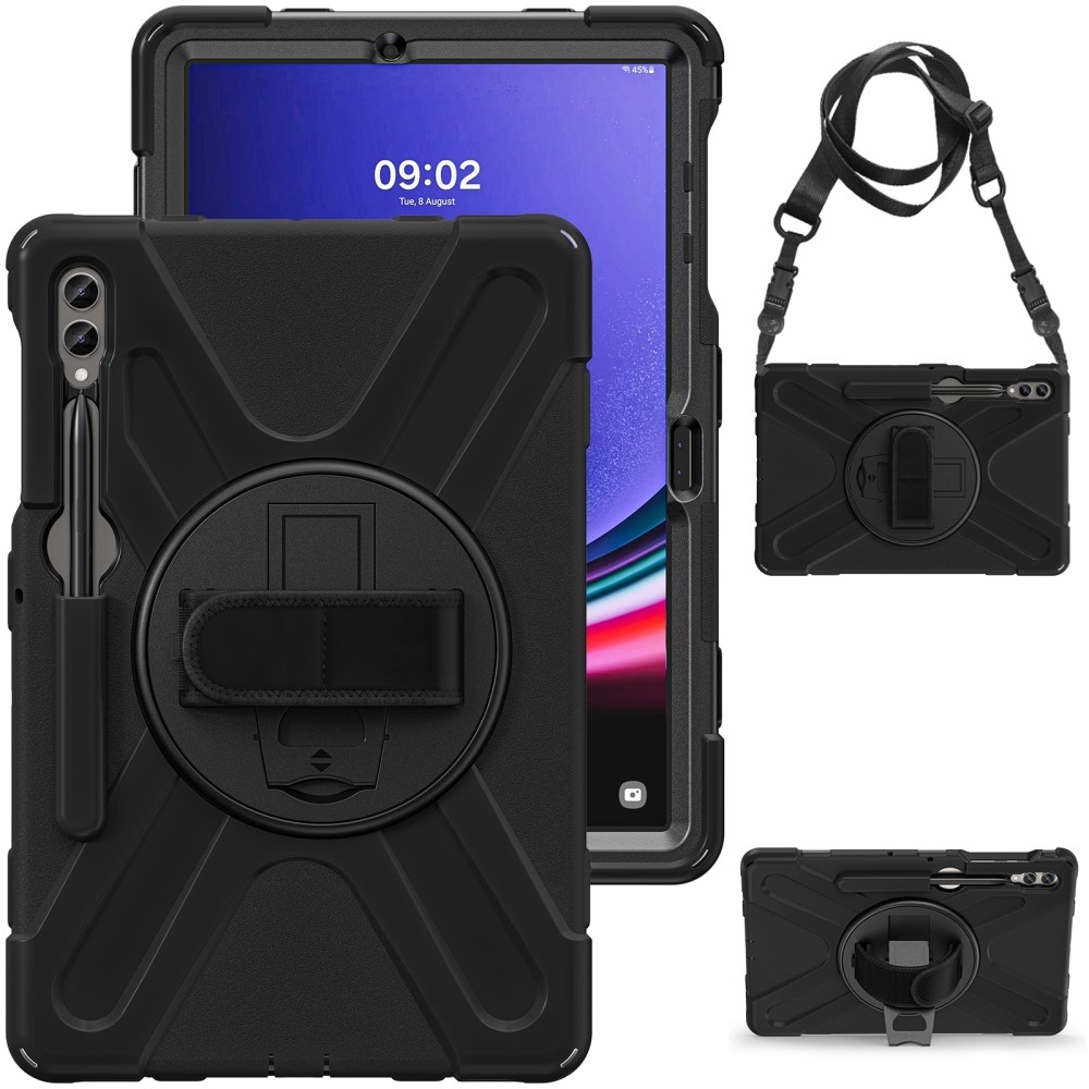Strap odolný kryt s úchopem na ruku a popruhem na Samsung Galaxy Tab S10+/S9+/S9 FE+/S8+/S7+ - černý