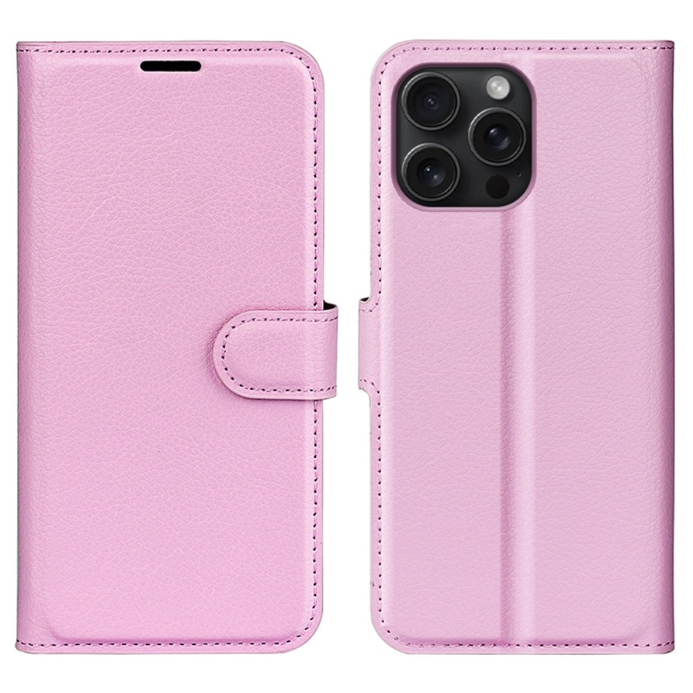 Litchi knížkové pouzdro na iPhone 16 Pro Max - růžové