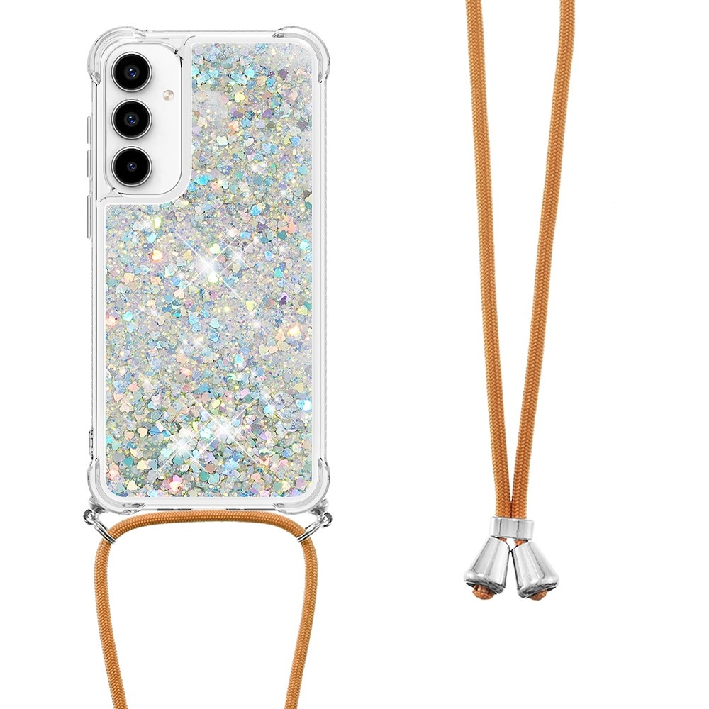 Glitters přesýpací gelový obal se šňůrkou na Samsung Galaxy A36 5G - stříbrný/srdíčka