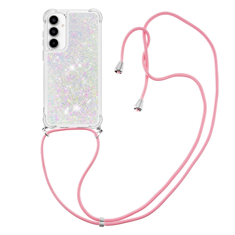 Glitters přesýpací gelový obal se šňůrkou na Samsung Galaxy A36 5G - růžovostříbrný/srdíčka