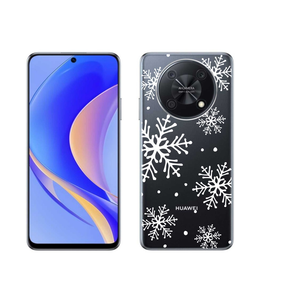 Gelový kryt mmCase na Huawei Nova Y90 - bílé vločky na průhledném pozadí