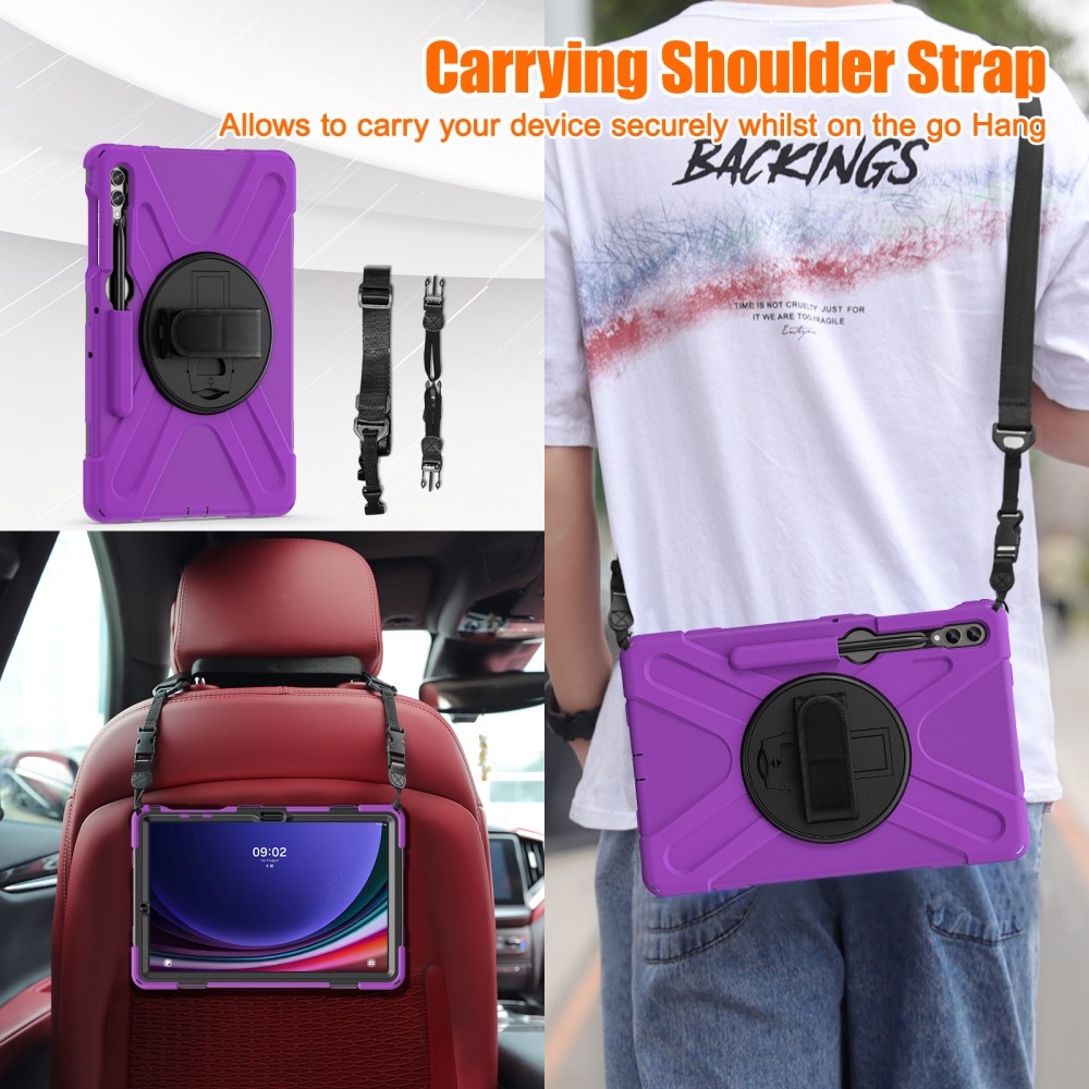 Strap odolný kryt s úchopem na ruku a popruhem na Samsung Galaxy Tab S10+/S9+/S9 FE+/S8+/S7+ - fialový
