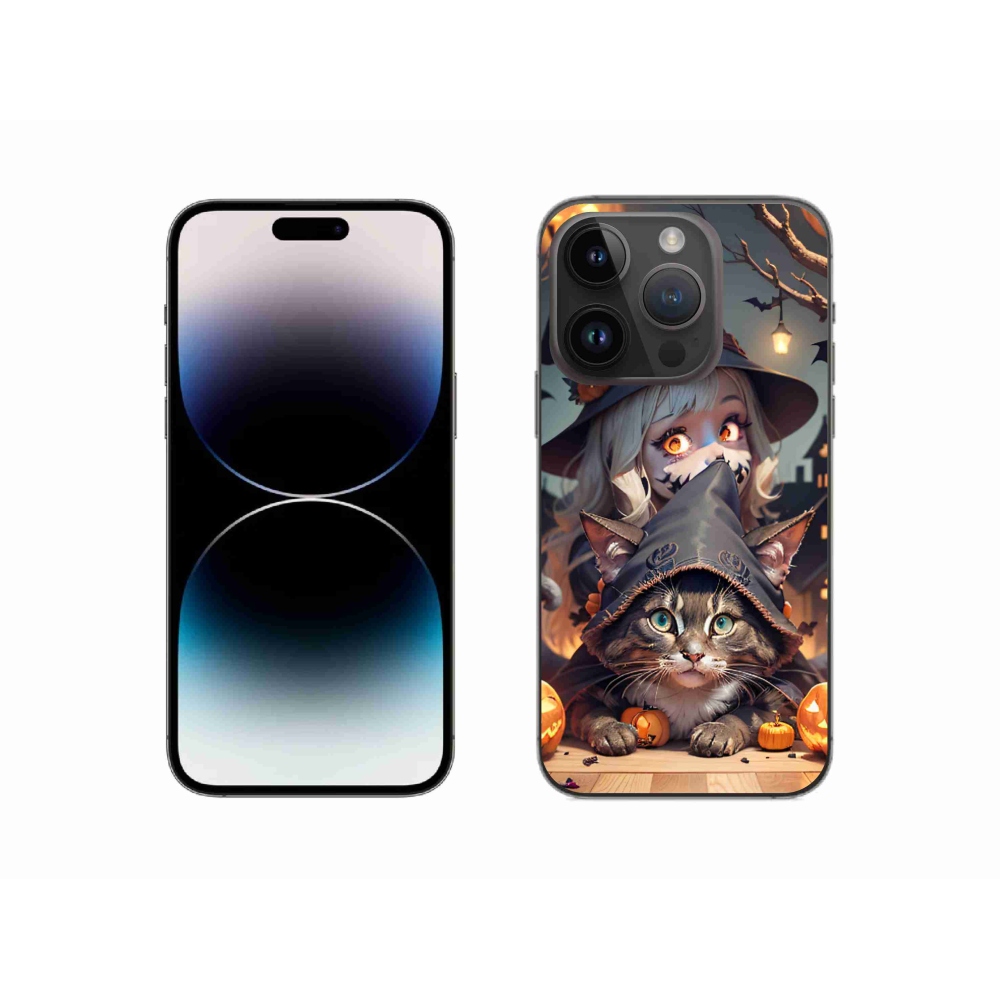 Gelový kryt mmCase na iPhone 14 Pro - čarodějnice s kočkou