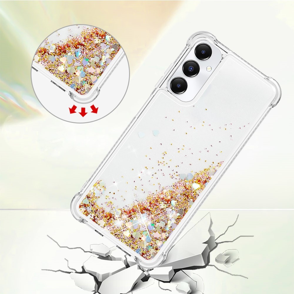 Glitter gelový přesýpací obal na Samsung Galaxy A05s - zlatý/srdíčka
