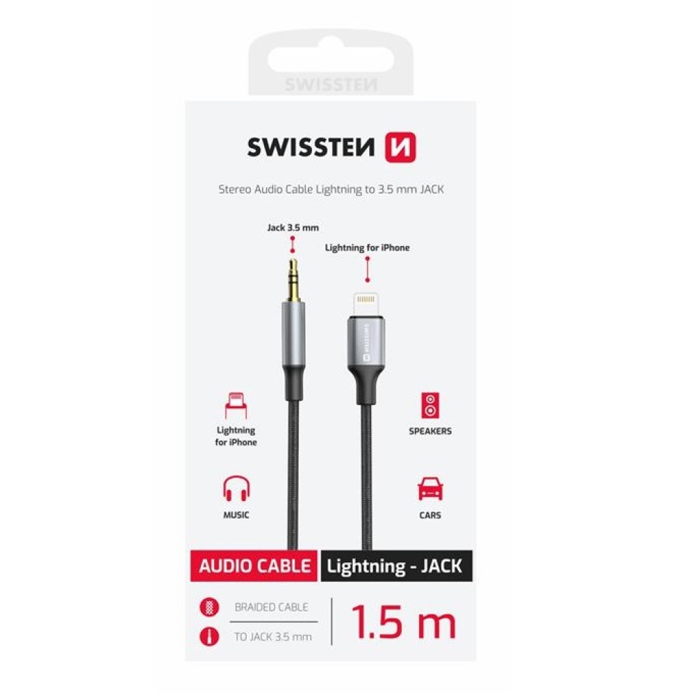 Audio kabel Swissten textile Lightning (samec) / JACK (samec) 1.5 m - černý/šedý