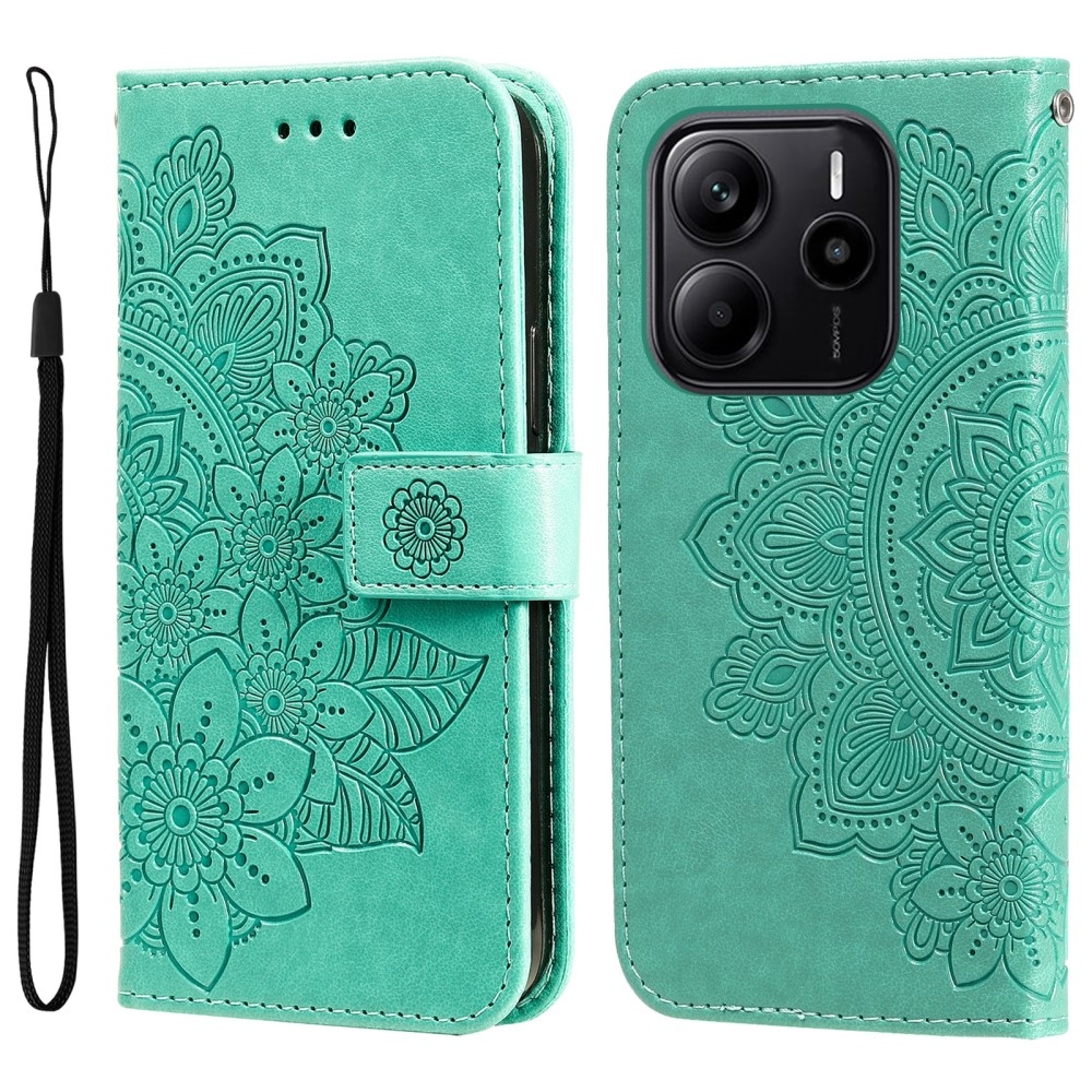 Floral knížkové pouzdro na Xiaomi Redmi Note 14 - modrozelené