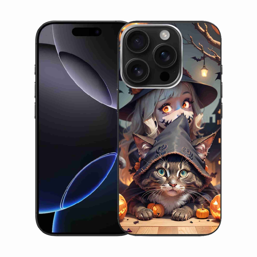 Gelový kryt mmCase na iPhone 16 Pro - čarodějnice s kočkou