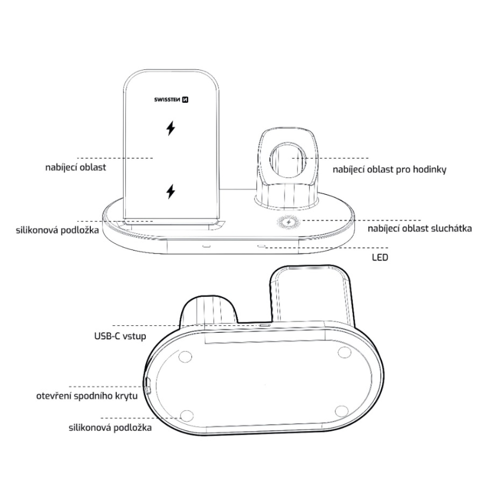 Bezdrátová nabíječka Swissten 3v1 station pro Apple a Samsung - černá