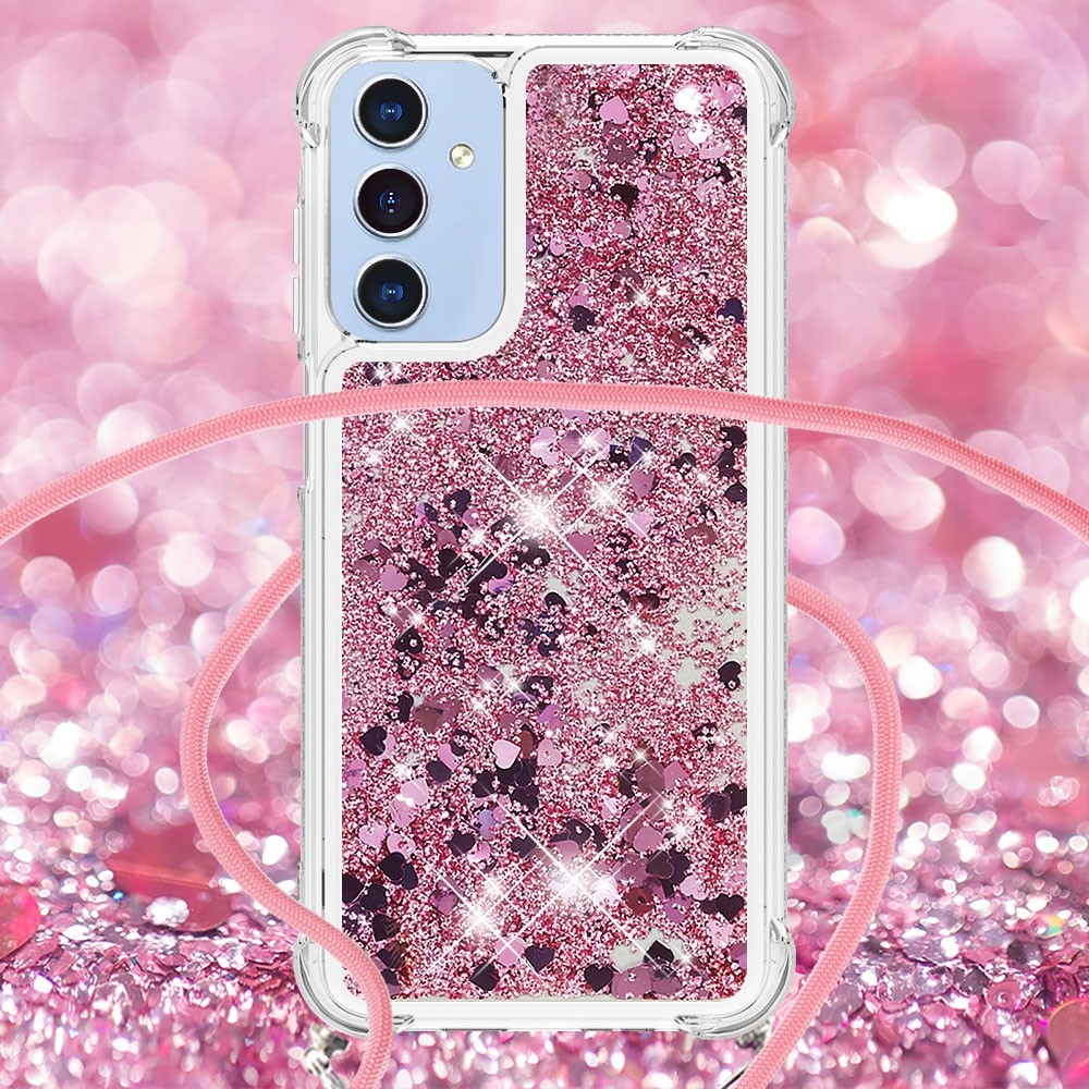 Glitters přesýpací gelový obal se šňůrkou na Samsung Galaxy A26 5G - růžovozlatý/srdíčka