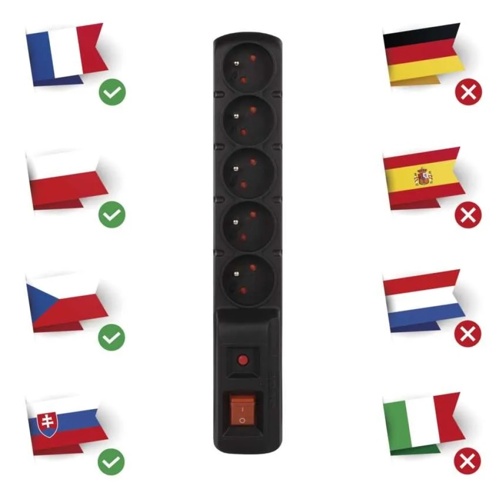 Přepěťová ochrana – 5 zásuvek, 1,5m, černá