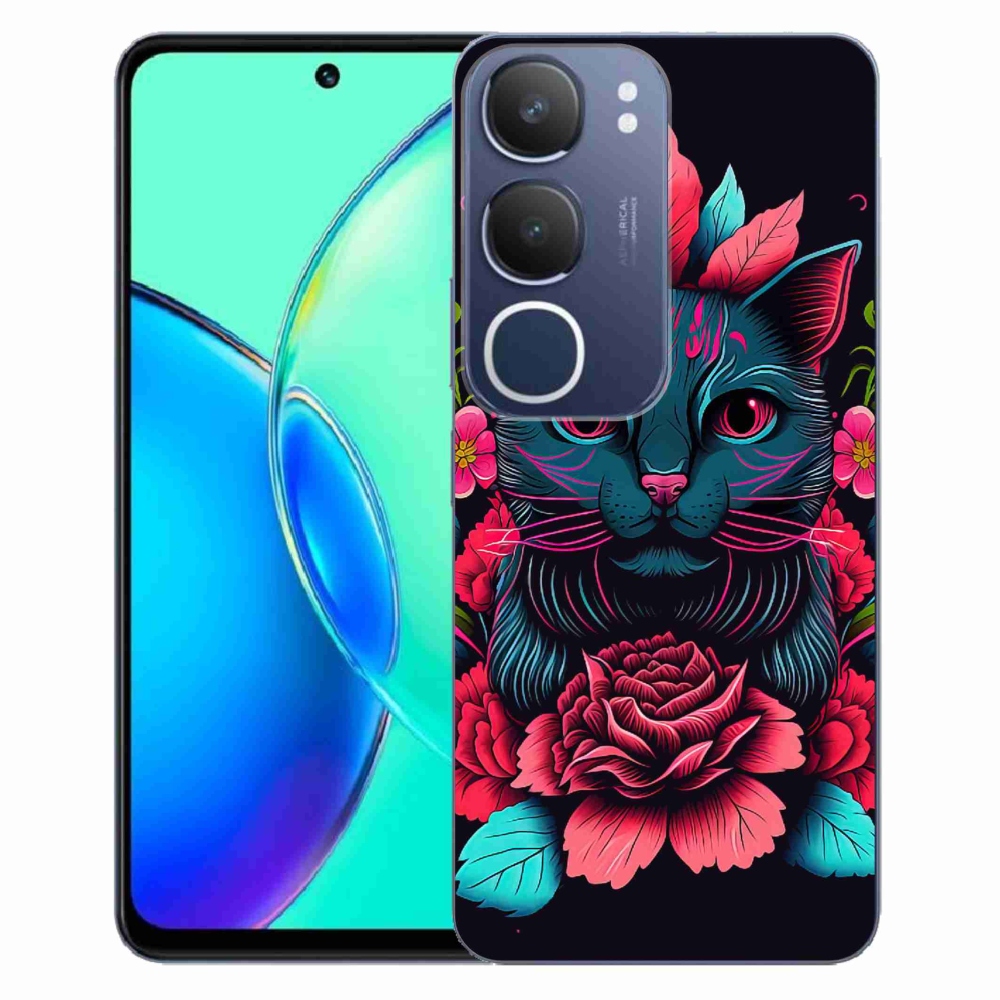 Gelový kryt mmCase na Vivo Y19s - květiny a kočka