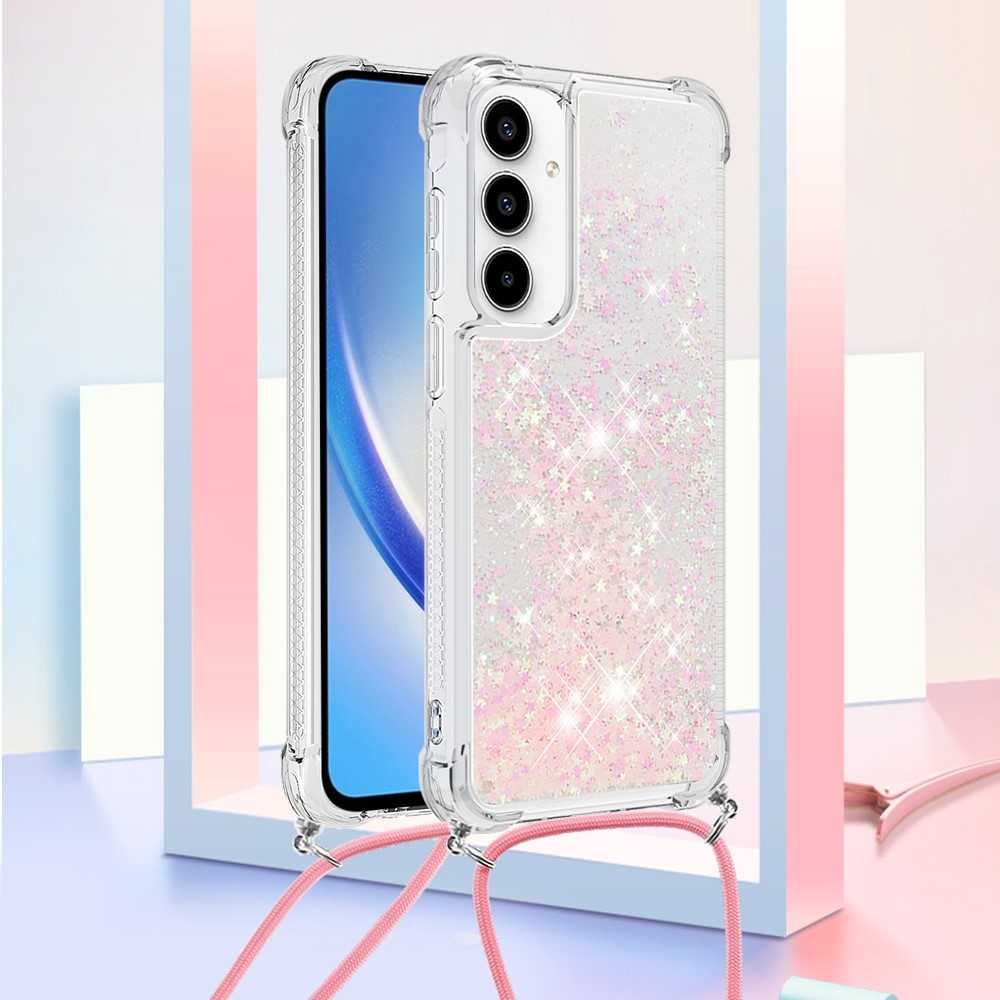 Glitters přesýpací gelový obal se šňůrkou na Samsung Galaxy A56 5G - růžový/hvězdičky
