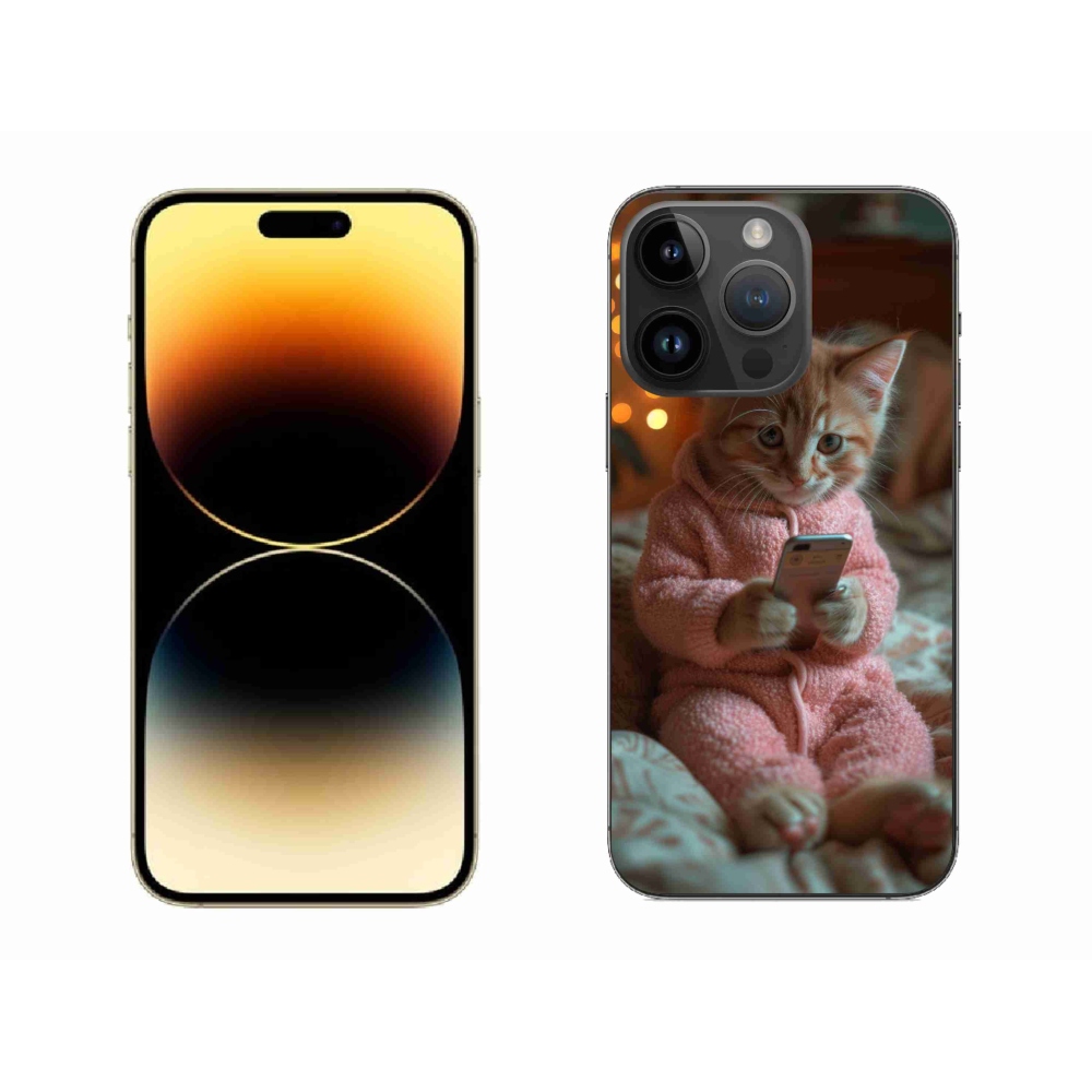 Gelový kryt mmCase na iPhone 14 Pro Max - kotě s mobilem