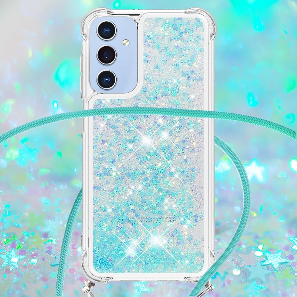 Glitters přesýpací gelový obal se šňůrkou na Samsung Galaxy A26 5G - modrý/hvězdičky