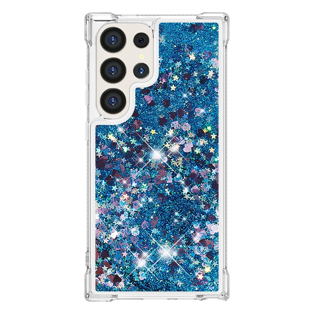 Glitter přesýpací gelový obal na Samsung Galaxy S24 Ultra - modrý/srdíčka