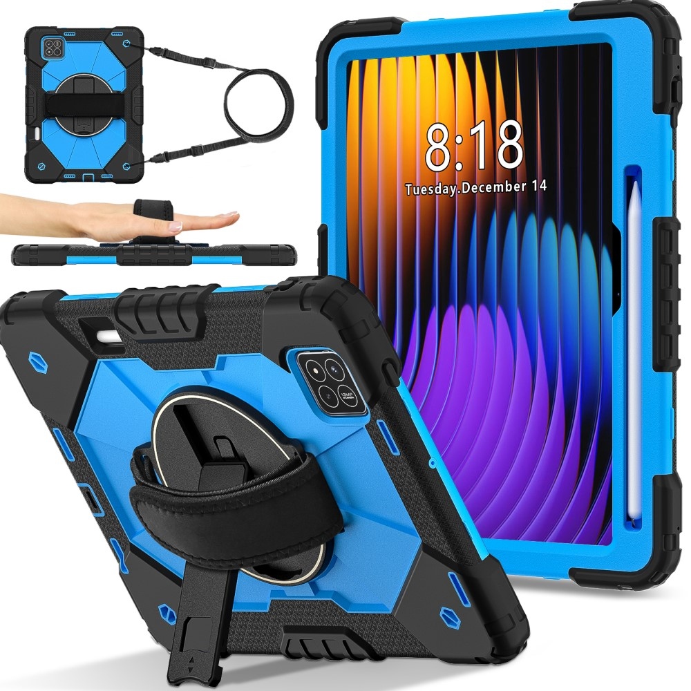 Strap odolný kryt s držákem na ruku a ramenním popruhem na Xiaomi Pad 7/7 Pro - černý/modrý