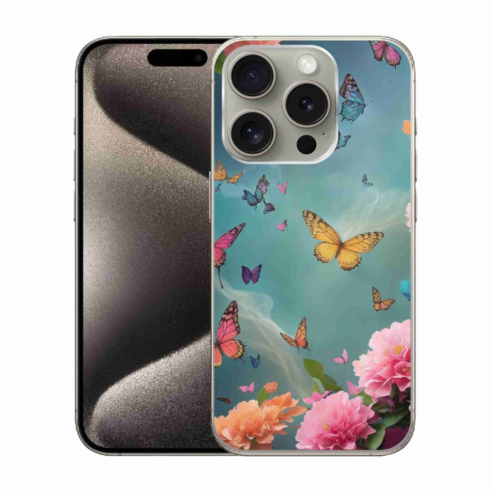 Gelový kryt mmCase na iPhone 15 Pro - barevné květy a motýli
