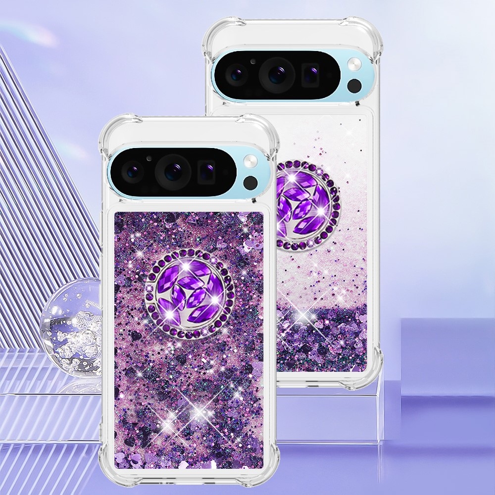 Glitt přesýpací gelový obal s kroužkem na prst na Google Pixel 10 - tmavěfialový/srdíčka