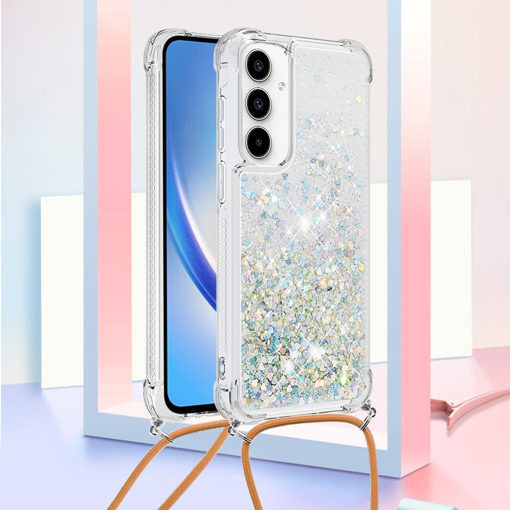 Glitters přesýpací gelový obal se šňůrkou na Samsung Galaxy A36 5G - stříbrný/srdíčka