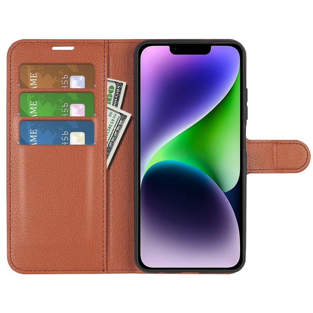 Litchi knížkové pouzdro na iPhone 15 Plus - hnědé