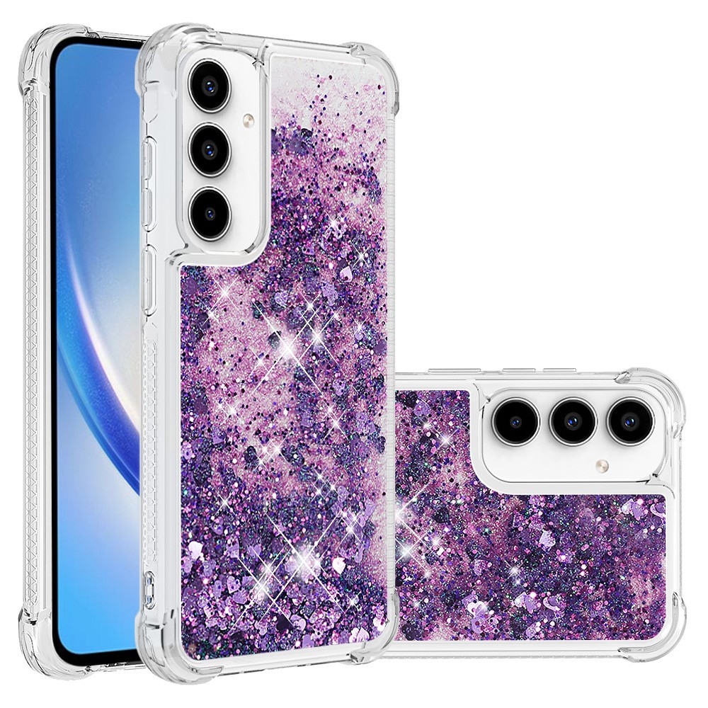 Glitter gelový přesýpací obal na Samsung Galaxy A35 5G - tmavěfialový/srdíčka