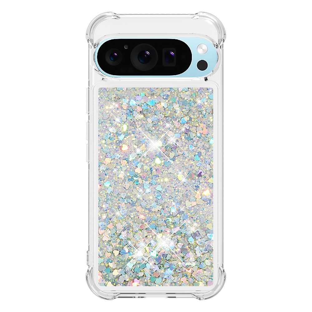 Glitter přesýpací gelový obal na Google Pixel 10 Pro/Pixel 10 - stříbrný/srdíčka