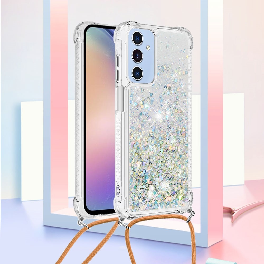 Glitters přesýpací gelový obal se šňůrkou na Samsung Galaxy A26 5G - stříbrný/srdíčka