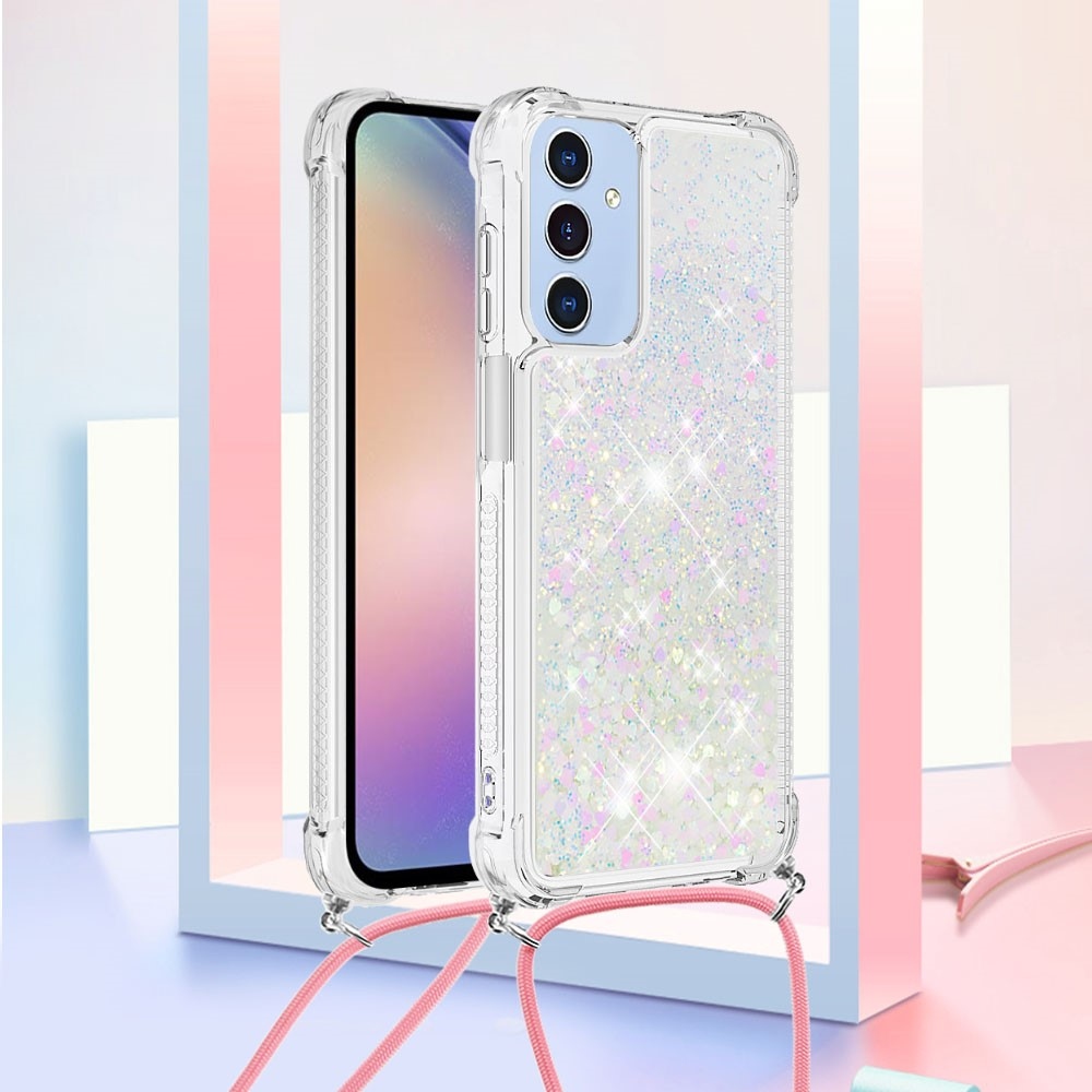 Glitters přesýpací gelový obal se šňůrkou na Samsung Galaxy A26 5G - růžovostříbrný/srdíčka
