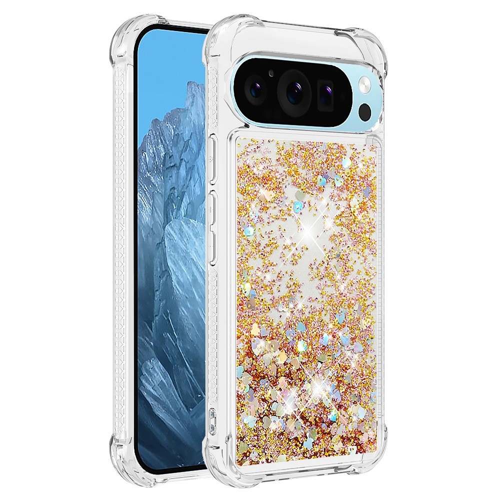Glitter přesýpací gelový obal na Google Pixel 10 Pro/Pixel 10 - zlatý/srdíčka
