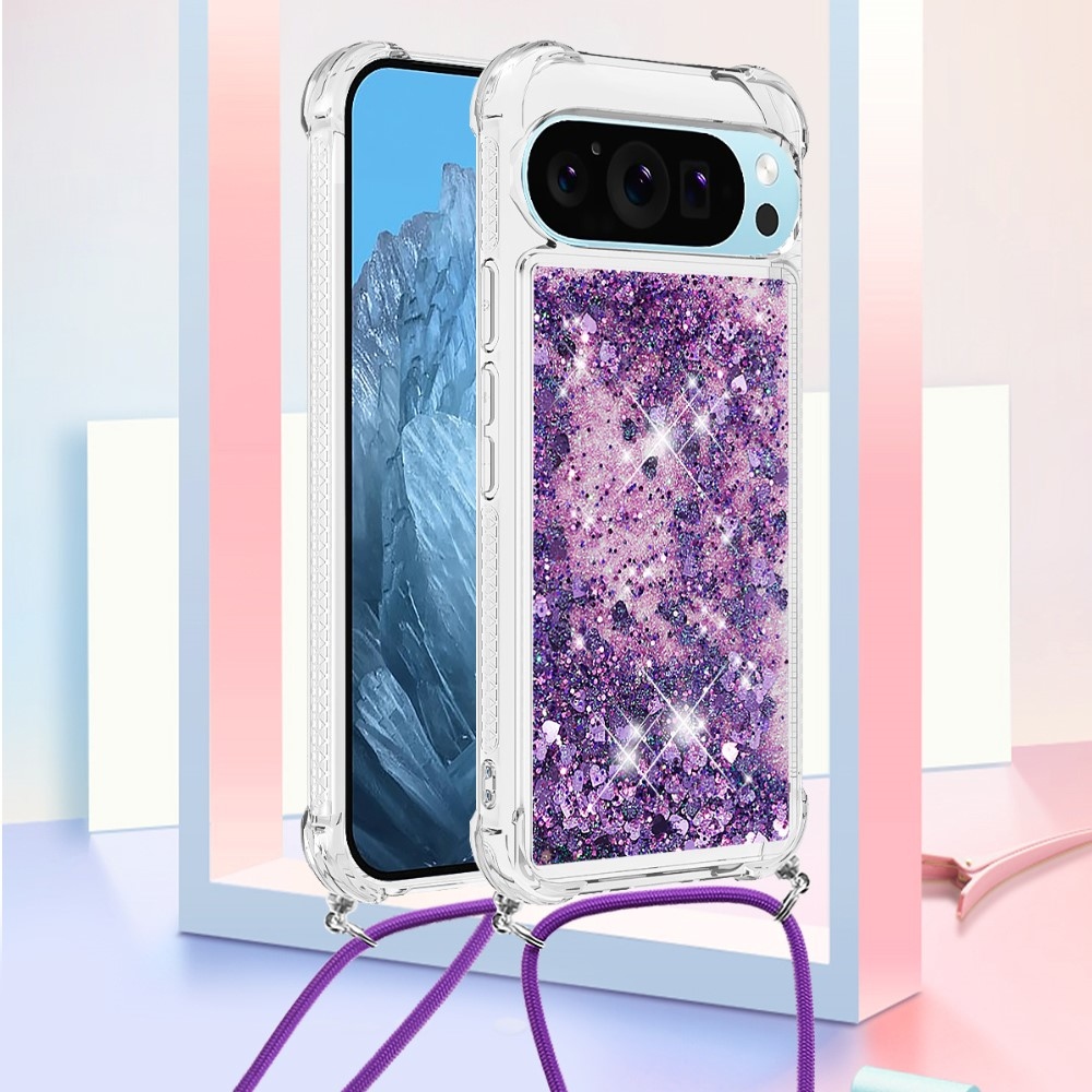 Glitters přesýpací gelový obal se šňůrkou na Google Pixel 10 Pro/Pixel 10 - tmavěfialový/srdíčka