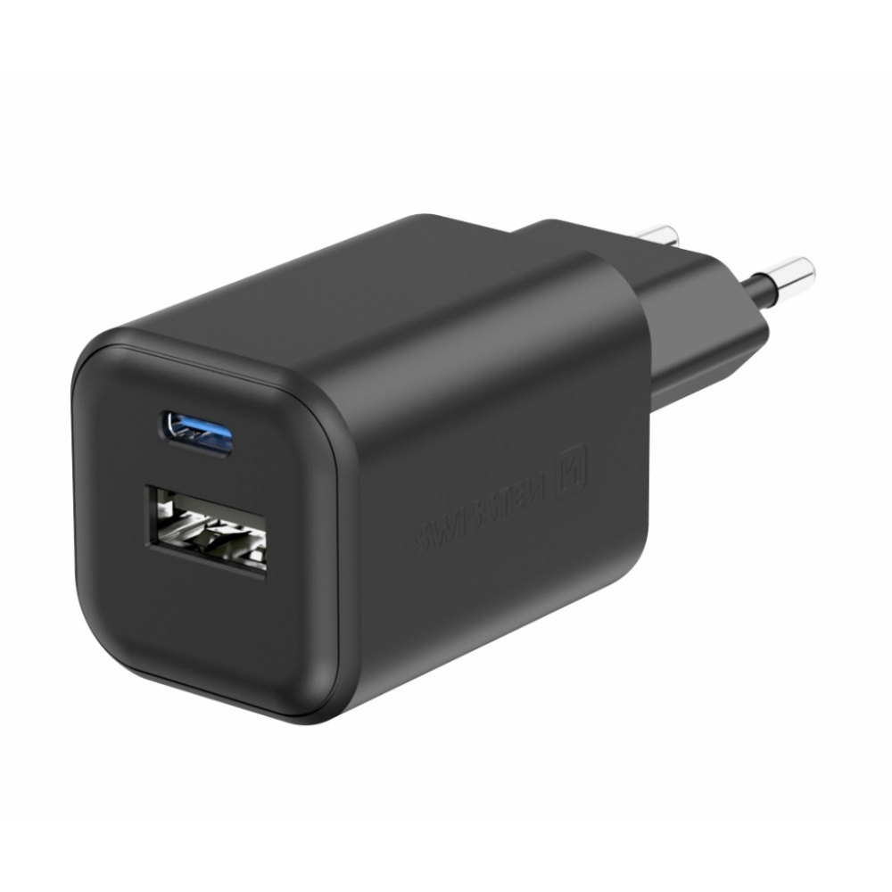 Nabíječka Swissten GaN 1x USB-C 45W PD + 1x USB-A 18W QC - černá