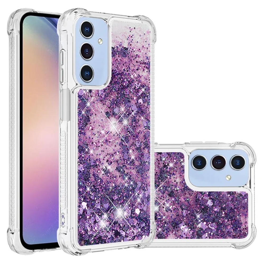 Glitter gelový přesýpací obal na Samsung Galaxy A16 4G/5G - tmavěfialový/srdíčka