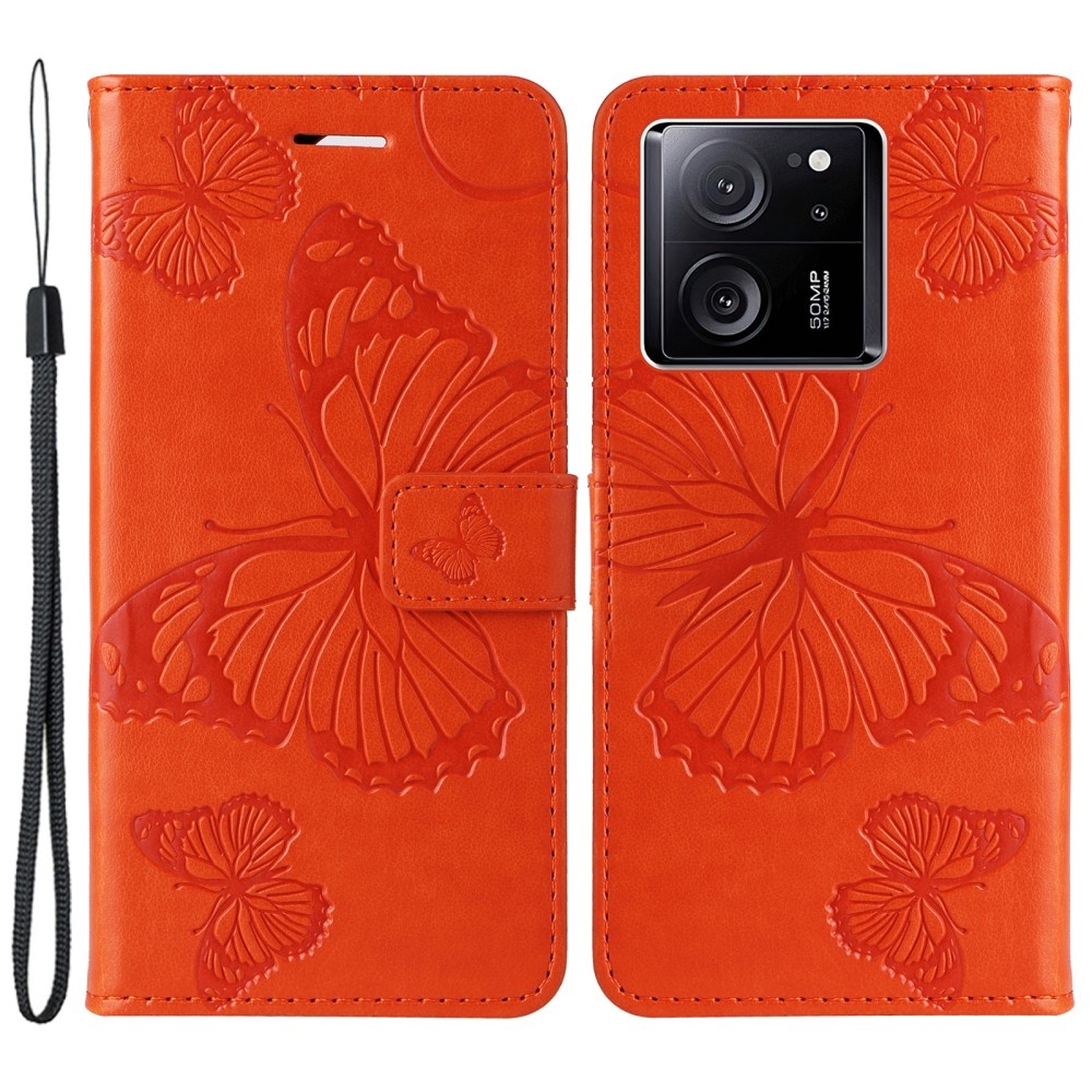 Big butterfly knížkové pouzdro na Xiaomi 13T/13T Pro - oranžové