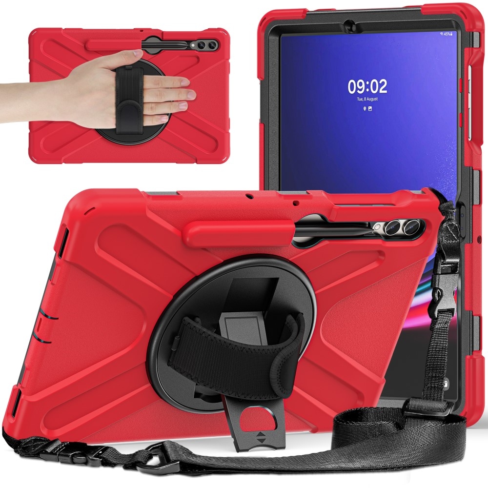 Strap odolný kryt s úchopem na ruku a popruhem na Samsung Galaxy Tab S10+/S9+/S9 FE+/S8+/S7+ - červený