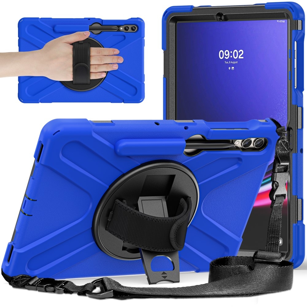 Strap odolný kryt s úchopem na ruku a popruhem na Samsung Galaxy Tab S10+/S9+/S9 FE+/S8+/S7+ - modrý