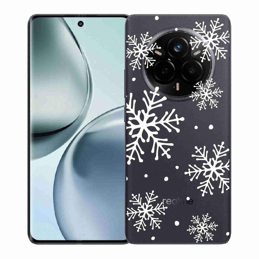 Gelový kryt mmCase na Realme 14 Pro+ 5G - bílé vločky na průhledném pozadí
