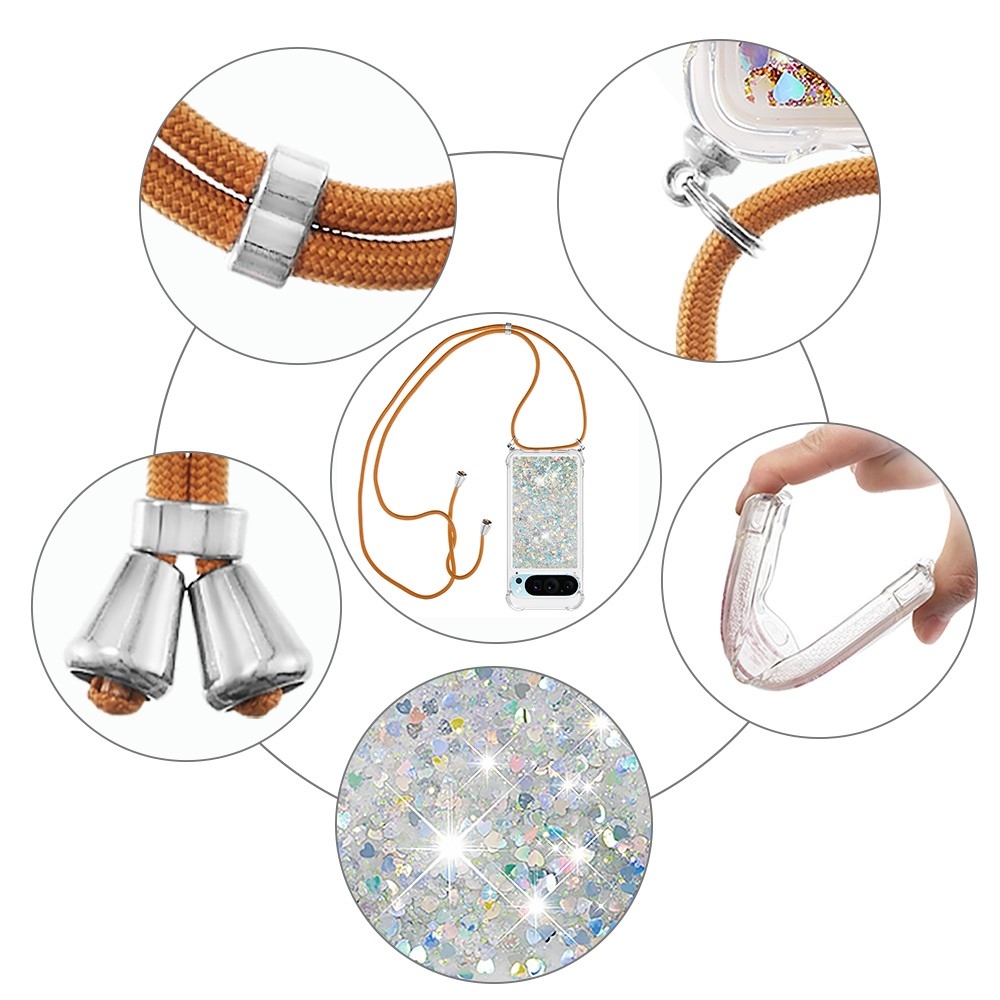 Glitters přesýpací gelový obal se šňůrkou na Google Pixel 10 Pro/Pixel 10 - stříbrný/srdíčka