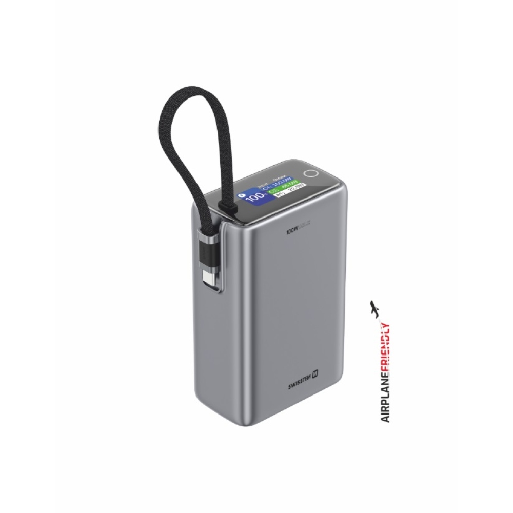Swissten cestovní powerbanka 25000 mAh (96.25Wh) 100 W s integrovaným kabelem USB-C - šedá