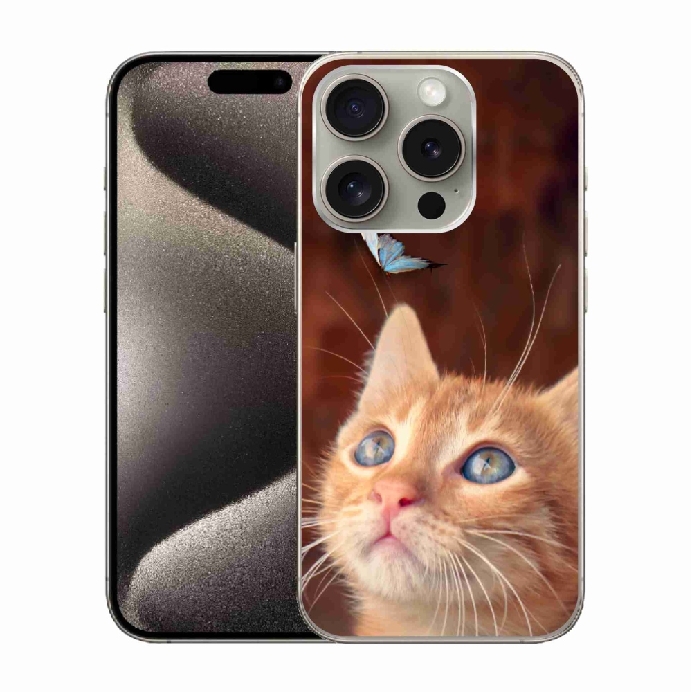 Gelový kryt mmCase na iPhone 15 Pro - motýl a kotě