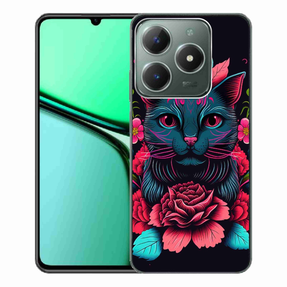 Gelový kryt mmCase na Realme C61 - květiny a kočka