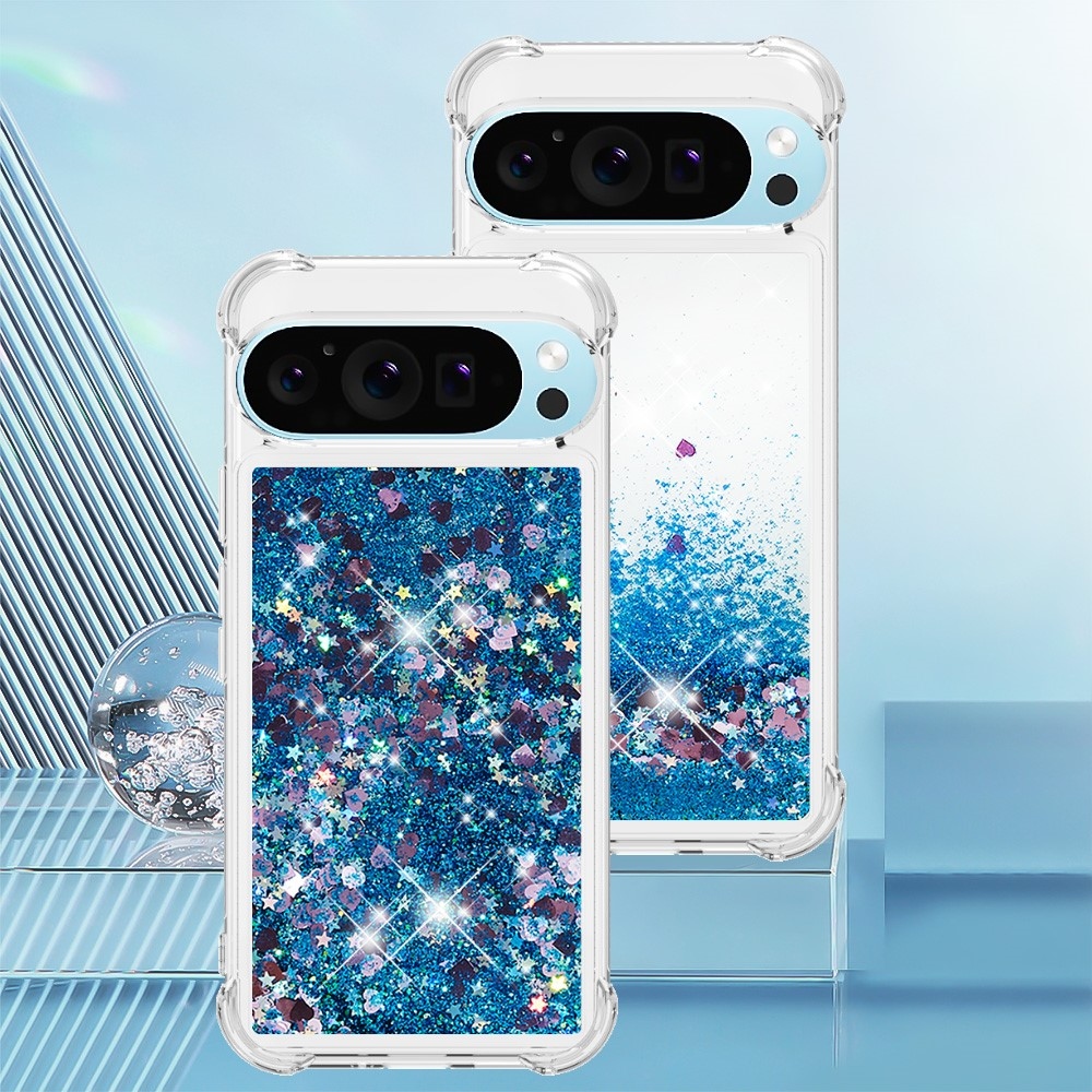Glitter přesýpací gelový obal na Google Pixel 10 Pro/Pixel 10 - modrý/srdíčka