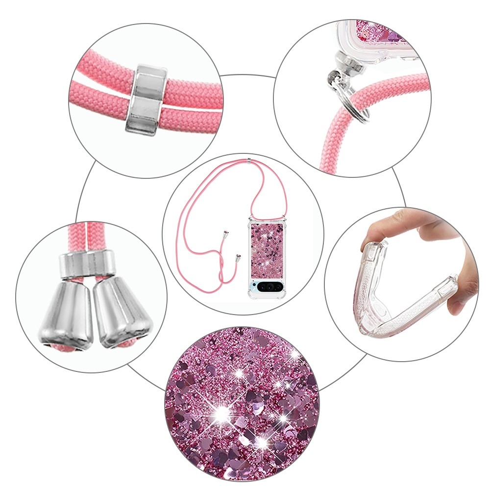 Glitters přesýpací gelový obal se šňůrkou na Google Pixel 10 Pro/Pixel 10 - růžovozlatý/srdíčka