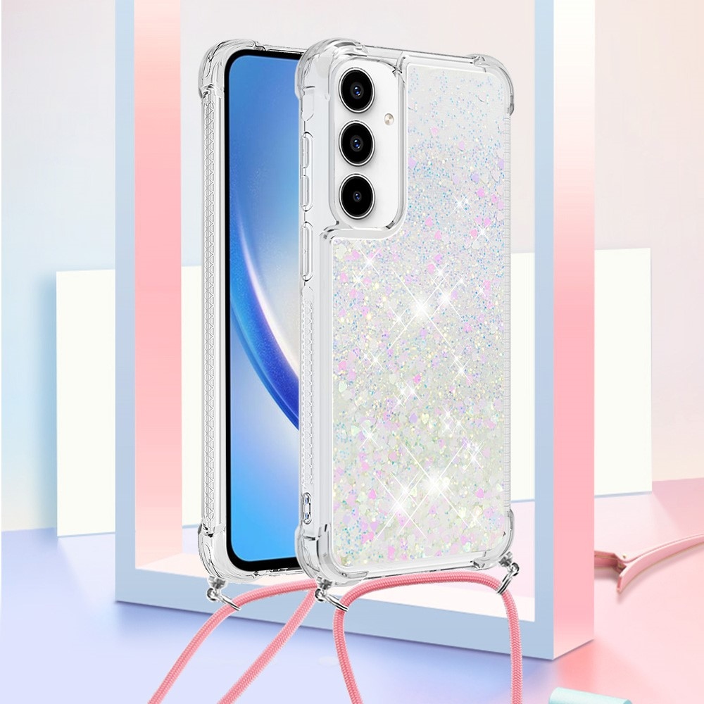 Glitters přesýpací gelový obal se šňůrkou na Samsung Galaxy A56 5G - růžovostříbrný/srdíčka