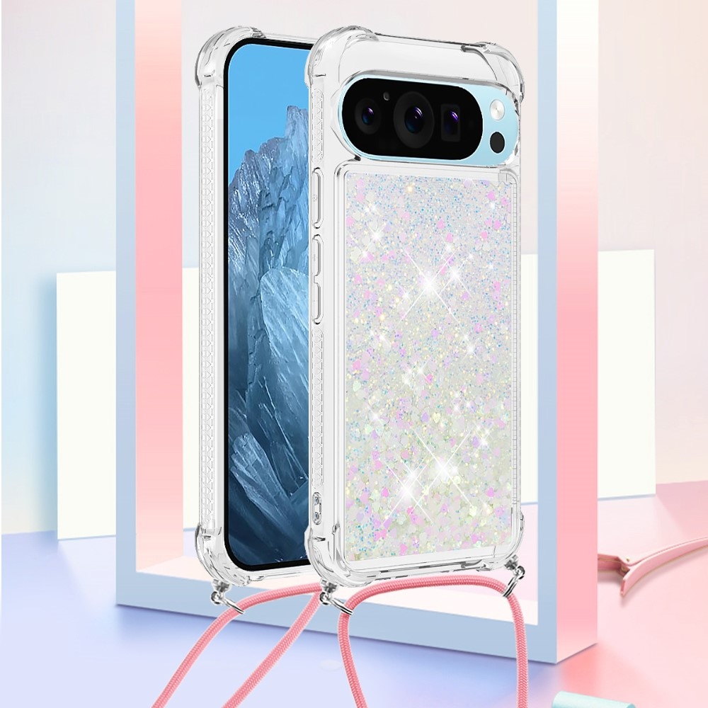 Glitters přesýpací gelový obal se šňůrkou na Google Pixel 10 Pro/Pixel 10 - růžovostříbrný/srdíčka