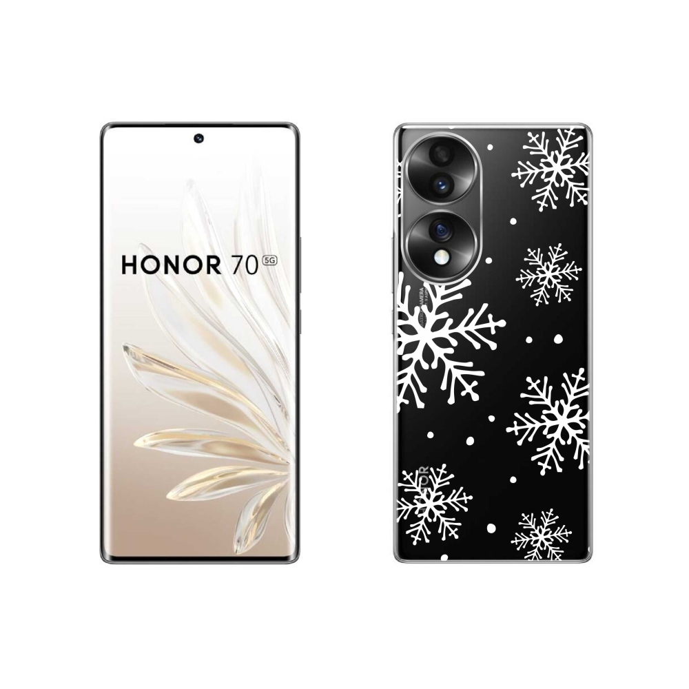 Gelový kryt mmCase na Honor 70 - bílé vločky na průhledném pozadí