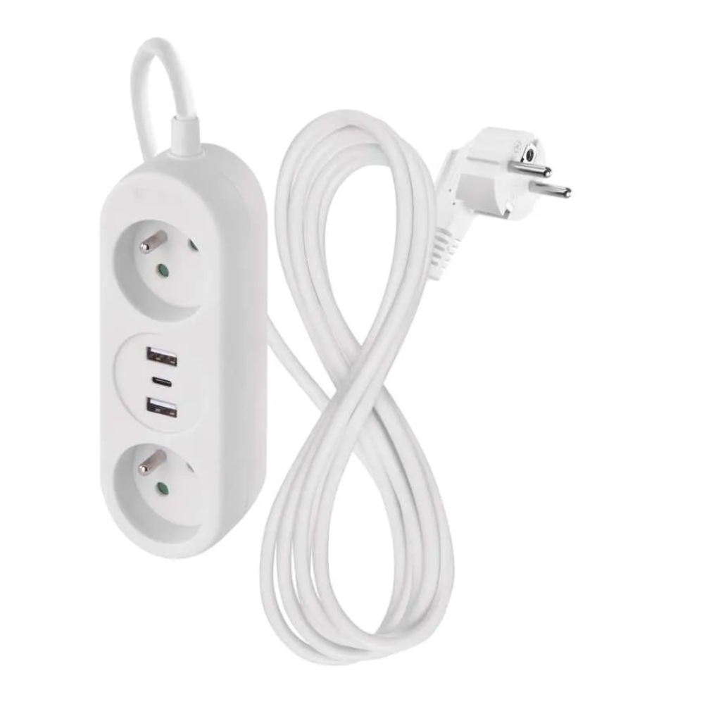 Prodlužovací kabel 1,4 m / 2 zásuvky+2×USB-A+1×USB-C / bílý / PVC / 1,5 mm2